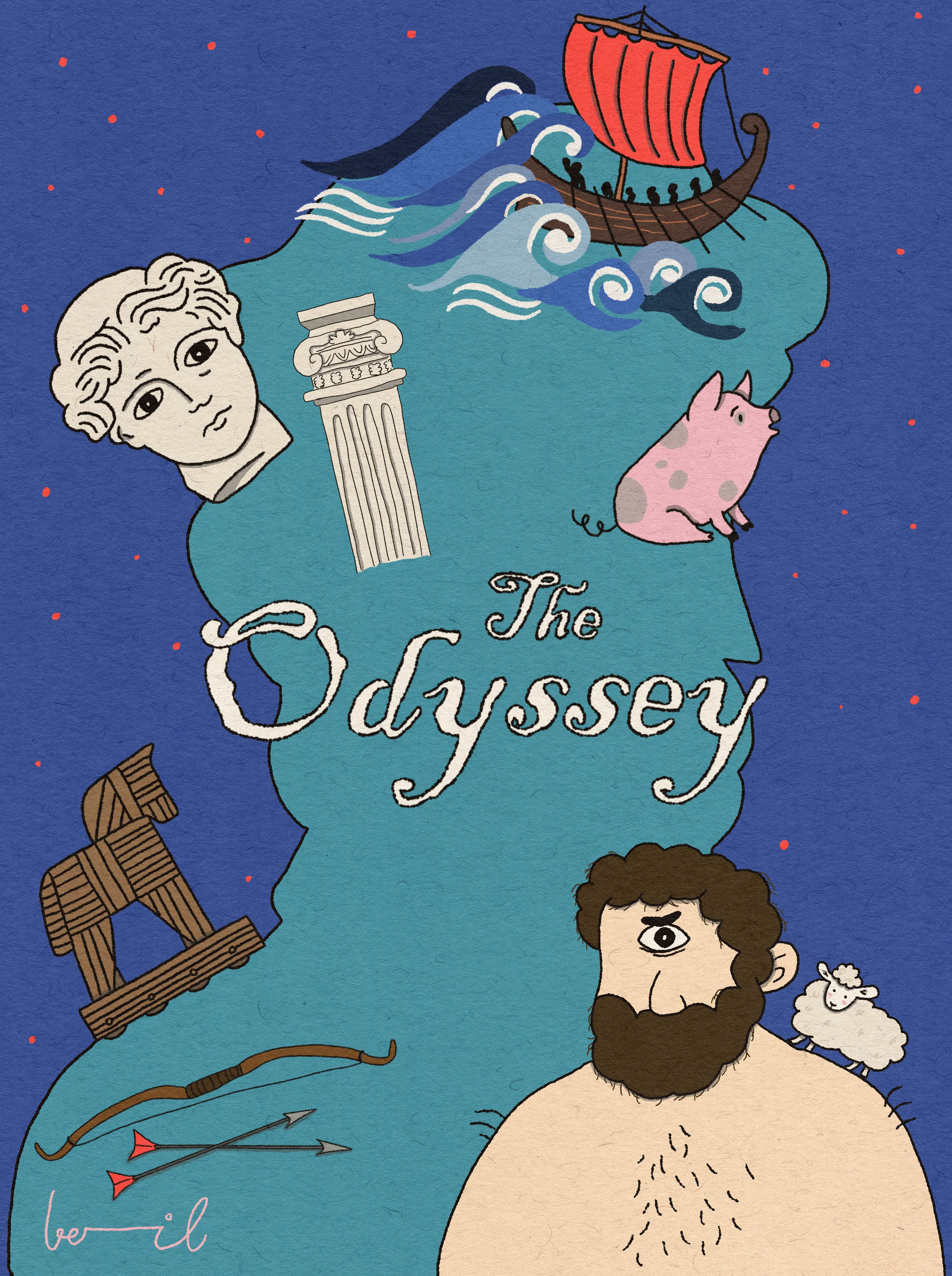The Odyssey için hazırlanmış illüstrasyon: mavi zemin üzerinde antik bir Yunan büstü ve sütun, kırmızı yelkenli bir kadırga, Truva atı, yay ve oklar, bir domuz ve sakallı bir denizci.